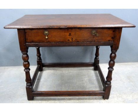 18th century oak and elm side table on bobbin turned legs, 67cm x 69cm       