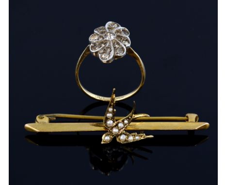 Victorian seed pearl set swallow brooch, 9 ct gold, cased, and a paste set ring, 9ct gold with millegrain silver setting, rin