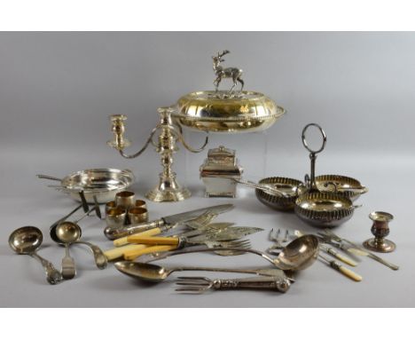 Silver plated entree dish and cover with stag handle, three light candelabrum and a selection of flatware, 