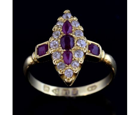 Ruby and diamond ring, marquise form, centre with three rubies, surround of old cut diamonds and ruby set shoulders, 18 ct go