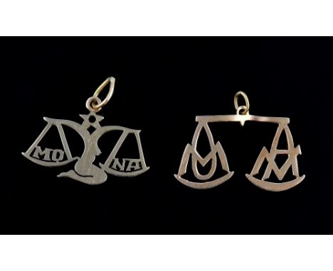 Two gold pendants in the form of scales, tested as 18ct.  Gross weight 3.8 grams