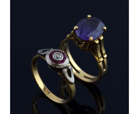 Ruby and diamond dress ring, mounted in 18ct gold, ring size O 1/2 and a synthetic alexandrite (colour changing corundum) rin