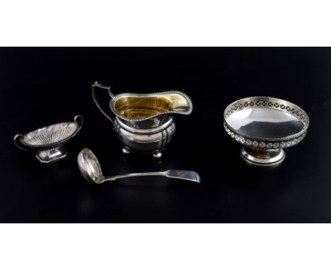 Victorian silver fiddle pattern sauce ladle, by James & Walter Marshall, Edinburgh, 1841, cream jug, bon bon dish and a salt,