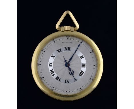 A fine and rare Cartier 18ct gold open faced pocket watch, 18ct gold case, dial signed Cartier, two tone silver engine turned