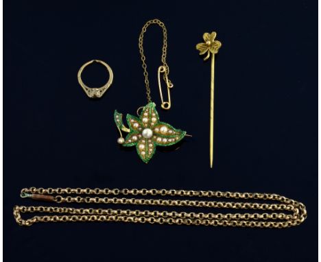 Green enamel and seed pearl brooch, in 18 ct gold, the reverse inscribed Millie1901-1917, a 9 ct gold chain, ring charm and u