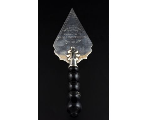 George VI silver presentation trowel with ebony handle, 24cm long, by J F, Birmingham, 1938,  