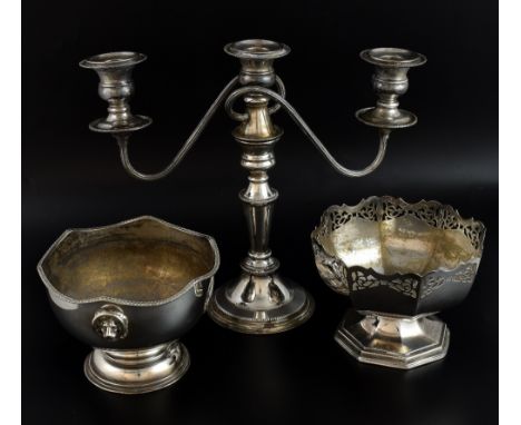 Silver plated items to include a three light candelabrum, dishes, etc. 