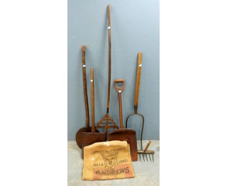 Pitch fork, hay fork, 2 grain shovels, bakers paddle, hand rake and grain sack     