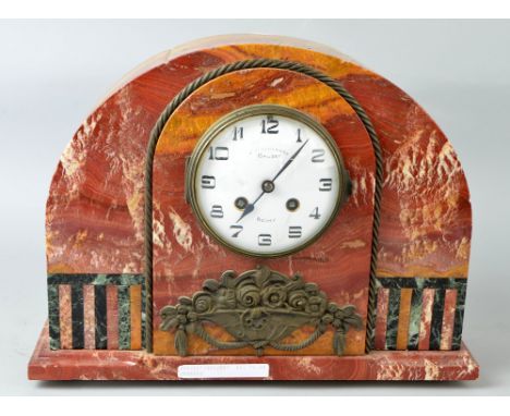 1920's red and pink marble twin train mantel clock, 30 x 33cm PROVENANCE: Consigned from a local deceased estate, the propert