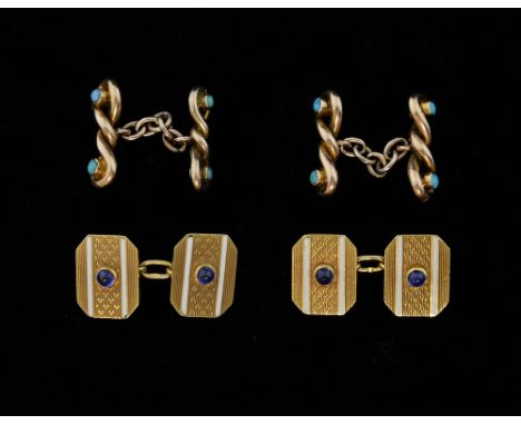 Two pairs of cufflinks, a pair of French white enamel, gold and sapphire double cufflinks rectangular shape, 18ct gold and a 