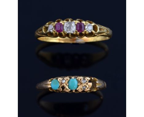 Two antique gem set rings, in 18 ct gold, ruby, ring size S and diamond and turquoise, ring size N  both lacking a stone 5. g