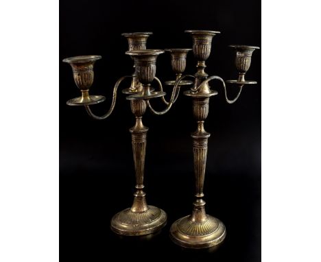 Pair of Edward VII three light silver candelabra on tapering fluted columns and oval bases, by Fordham & Faulkner, Sheffield,