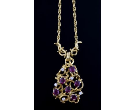 Ruby and diamond vintage pendant necklace, in 18 ct gold naturalistic setting   19.2 grams gross 
