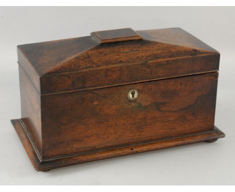 19th century rosewood sarcophagus shaped two cannister tea caddy with non original glass bowl. 33cm wide, 16.5cm, 21cm high  