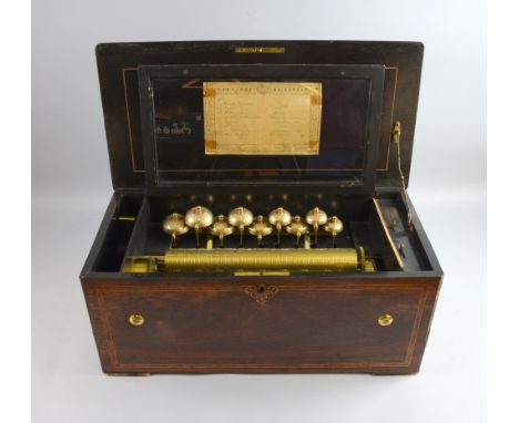 19th century Swiss musical box playing eight airs on a 33cm cylinder and nine bells, numbered 19686, in a rosewood and marque
