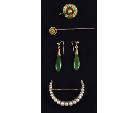  Gold crescent brooch set with half pearls, turquoise set pendant a pair of nephrite jade drop earrings and a gold stock pin,