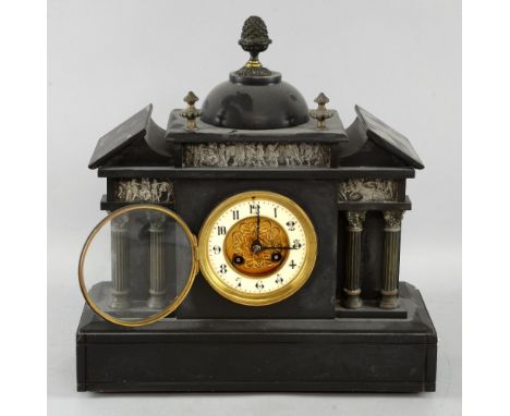 Polished slate mantel clock with twin train movement 38 x 36 cm and a pair of Marley style horses each 24 cm       