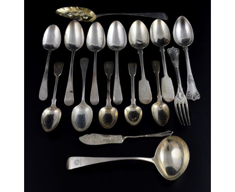 George III silver Old English pattern sauce ladle, by Solomon Hougham, London, 1795, and an assortment of other English silve