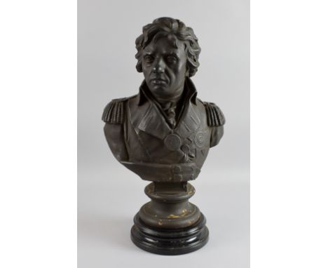 Early 20th century plaster bust of Lord Nelson, on polished slate base, 50cm      Surface marks and wear throughout (see phot