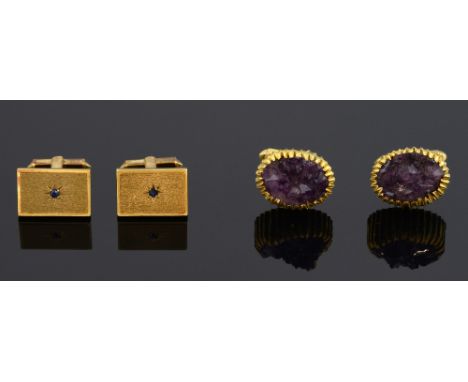 Two pairs of vintage gold cufflinks, one set with amethyst crystal cluster,  and another with small sapphires  