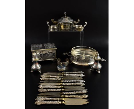 M Jarra silver plated box embossed with flowers, a circular two handled box and cover, salt , pepper pot and mustard, glass l
