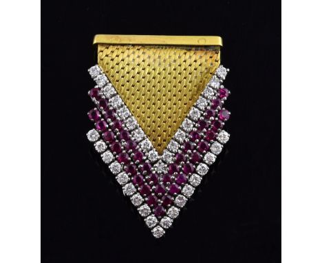 1940's ruby and diamond clip brooch. Estimated total diamond weight 1.80 carats, marked 750, tested as 18ct, 4 x 3 cm Gross w