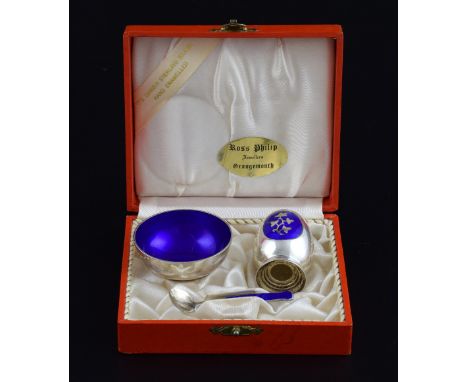 Danish silver and enamel three piece cruet set of blue floral design by MEKA, in fitted case,  