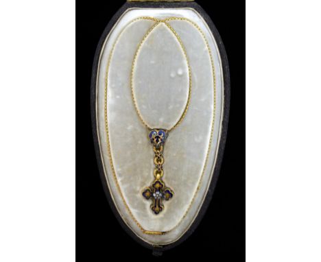 19th C enamel and gold cross, the centre with a cluster of small rose cut diamonds, in fitted case by Watherston and son  Dam