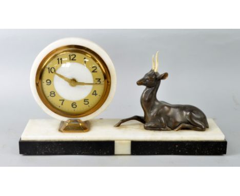 Art Deco white marble and polished slate mantel clock with applied metal deer 25 x 40 cm PROVENANCE: Consigned from a local d