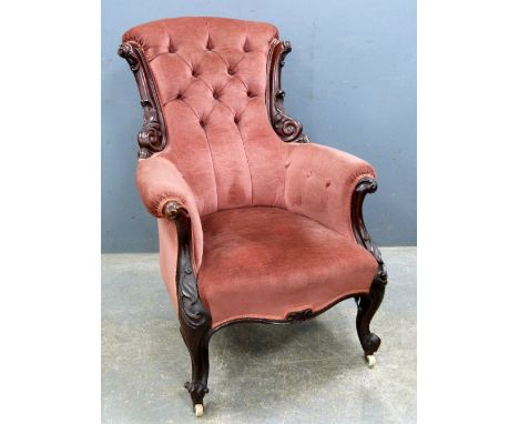 19th Century mahogany framed button back arm chair on cabriole legs with scroll feet      