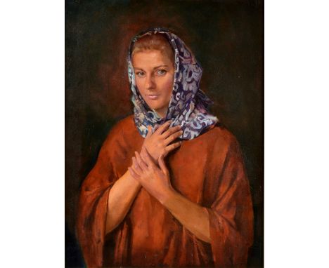 Julian Gordon Mitchell (1968-) Portrait of a woman in a headscarf, acrylic on canvas, signed verso, 61cm x 46cm     
