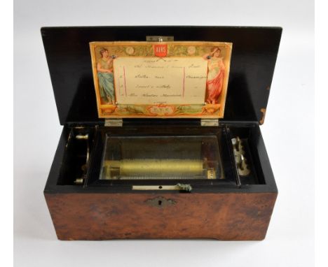 Late 19th century Swiss musical box playing four airs on an 11.5cm cylinder, in burr walnut and ebonized case, numbered 52653