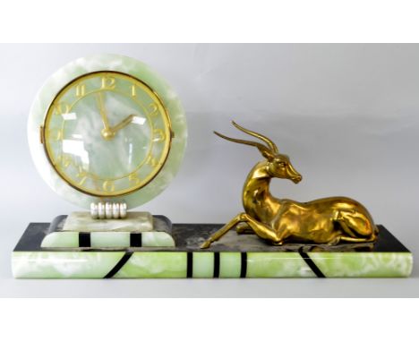Art Deco onyx and black slate mantel clock with a gilt metal stag, 40 x 57 cm PROVENANCE: Consigned from a local deceased est