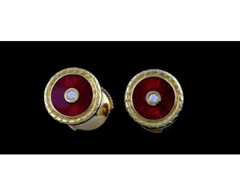 Faberge red enamel and diamond, earrings set in 18 ct gold with leaf border,  signed Faberge to reverse and numbered 84, work