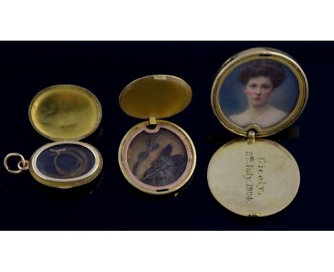  A miniature portrait locket pendant inset with a hand painted portrait of a young lady, the interior engraved Cicely, 11th J