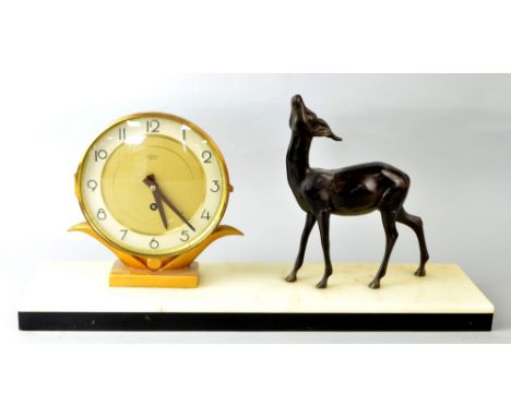Art Deco mantel clock by Silvos of Paris, with applied metal doe, 24 x 50cm PROVENANCE: Consigned from a local deceased estat