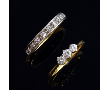 Diamond half eternity ring set with ten single cut diamonds in 18ct gold,  and a three stone diamond ring in 18ct gold and pl