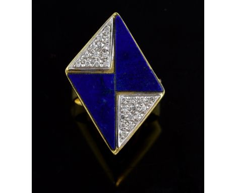Vintage dress ring set with lapis lazuli and pavé set diamond panels. Mounted in 18ct gold, ring size M  Gross weight 10.6 gr