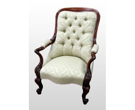 19th century mahogany framed button back arm chair on cabriole legs      