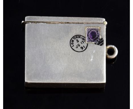 Victorian novelty silver and enamel stamp box of envelope form, enamel forming a postage stamp and post office stamp for Lond