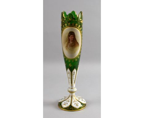 Late 19th century Bohemian overlay on green glass vase with gilt floral design and a portrait of a young girl, 37cm     Decor