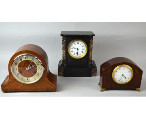 Inlaid mahogany mantle clock with French movement, walnut cased mantle clock with German movement striking on a gong and a la