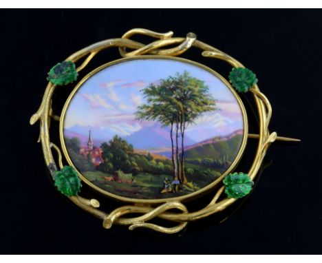 Antique brooch set with large hand painted Swiss enamel depicting a couple in a mountainous landscape, within a frame of  twi