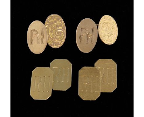 Two pairs of  gold cufflinks, with foliate engraving and monogramed, 9 ct   Good condition, minor scratches,Gross weight 14 g