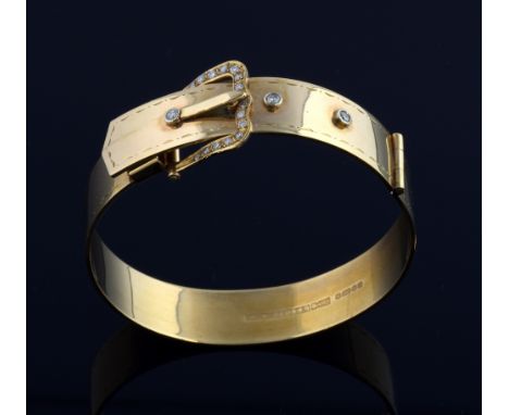 Gold hinged buckle bangle, set with brilliant cut diamonds, 9 ct gold, stamped with patent no and hallmark for Birmingham 197