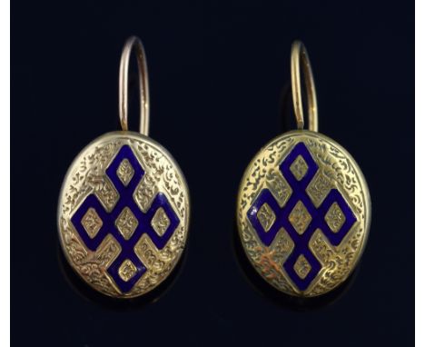 Pair of 19th C French gold and enamelled earrings, 18ct gold, boxed, 2 cm     Earring fittings and enamel work in good condit