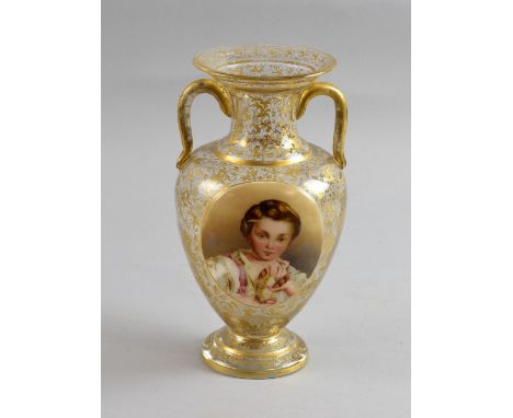 19th century German glass twin handled vase with portrait plaque of a boy holding a dead bird, 23cm     Decoration worn. Espe