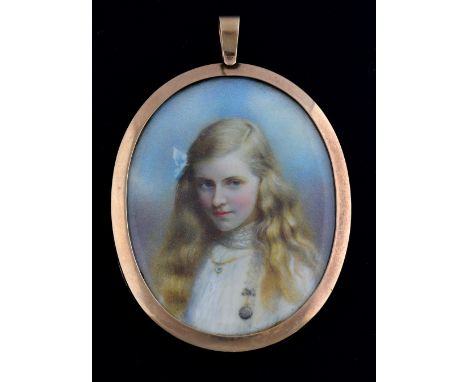 Miniature portrait in gold pendant mount, hand painted  depiction a young girl with long fair hair, reverse. the frame engrav