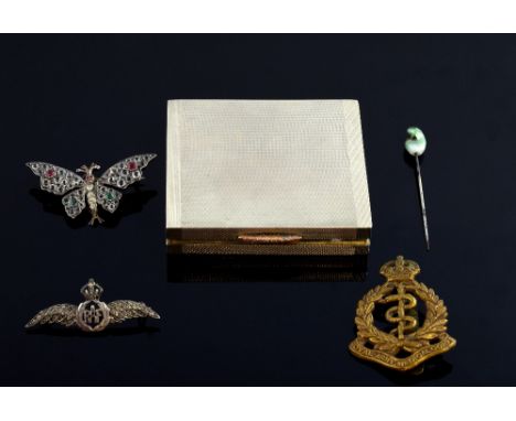 Edwardian silver paste set butterfly brooch, silver compact  with gilt interior, paste set RAF brooch and other items   Brooc