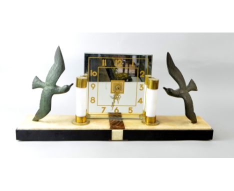 1920's mantel clock with two applied metal birds raised on a marble base, 26 x 56cm PROVENANCE: Consigned from a local deceas